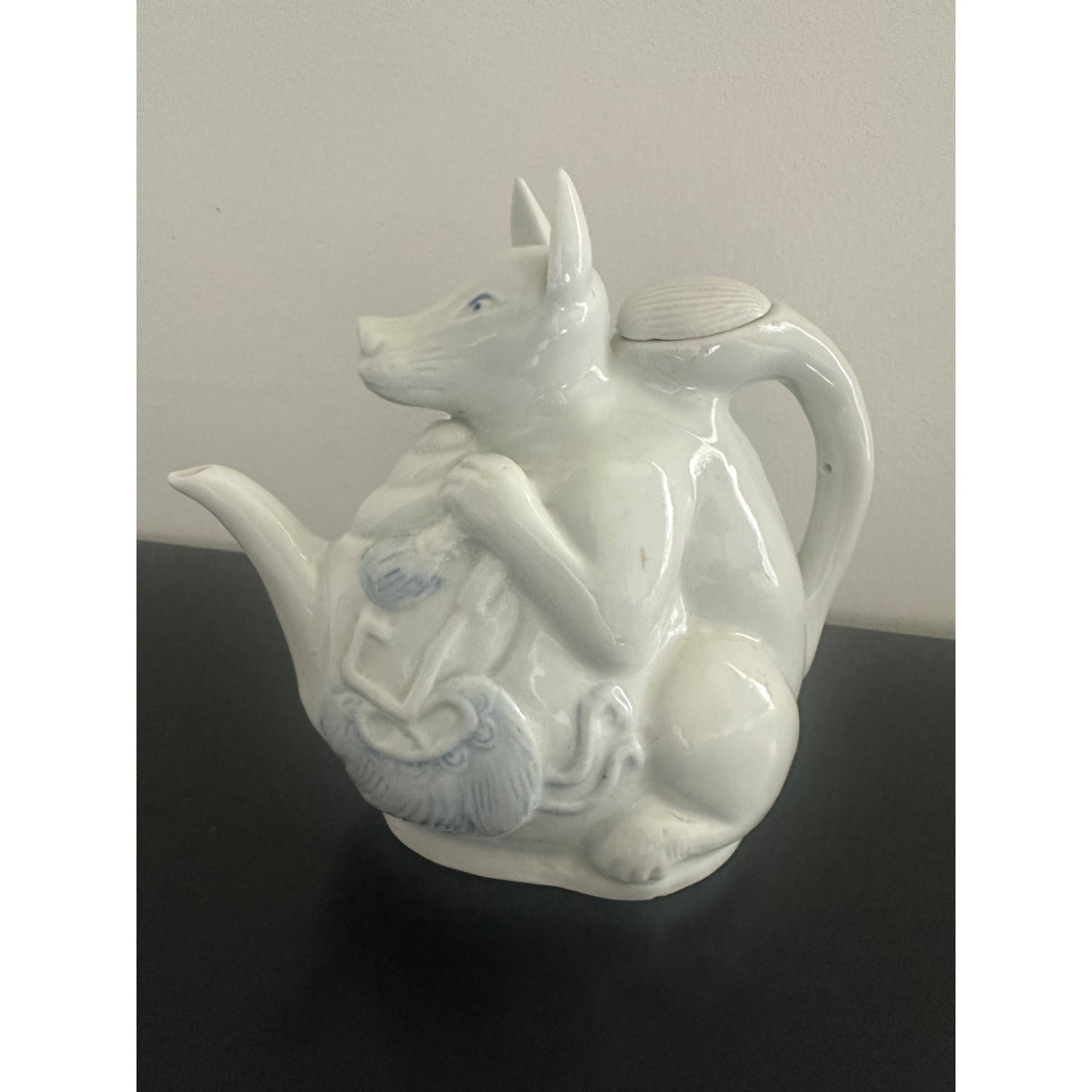 Japanese Hirado Sake Teapot Dog Fox ? Porcelain 7.5" x 9.5" Handcrafted Art