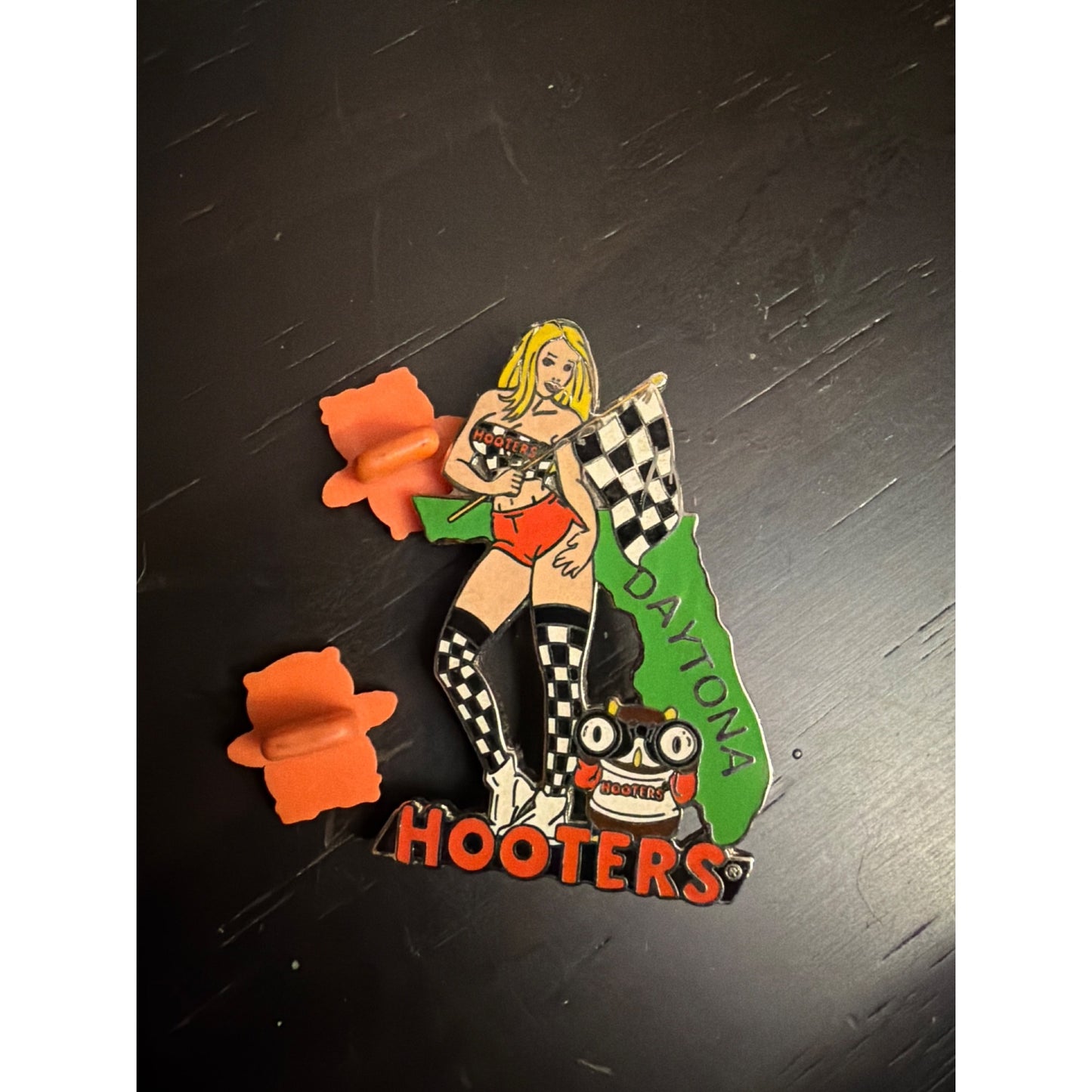 Hooters Daytona Pin-Up Girl Metal Lapel Pin owl  Rubber Clasps