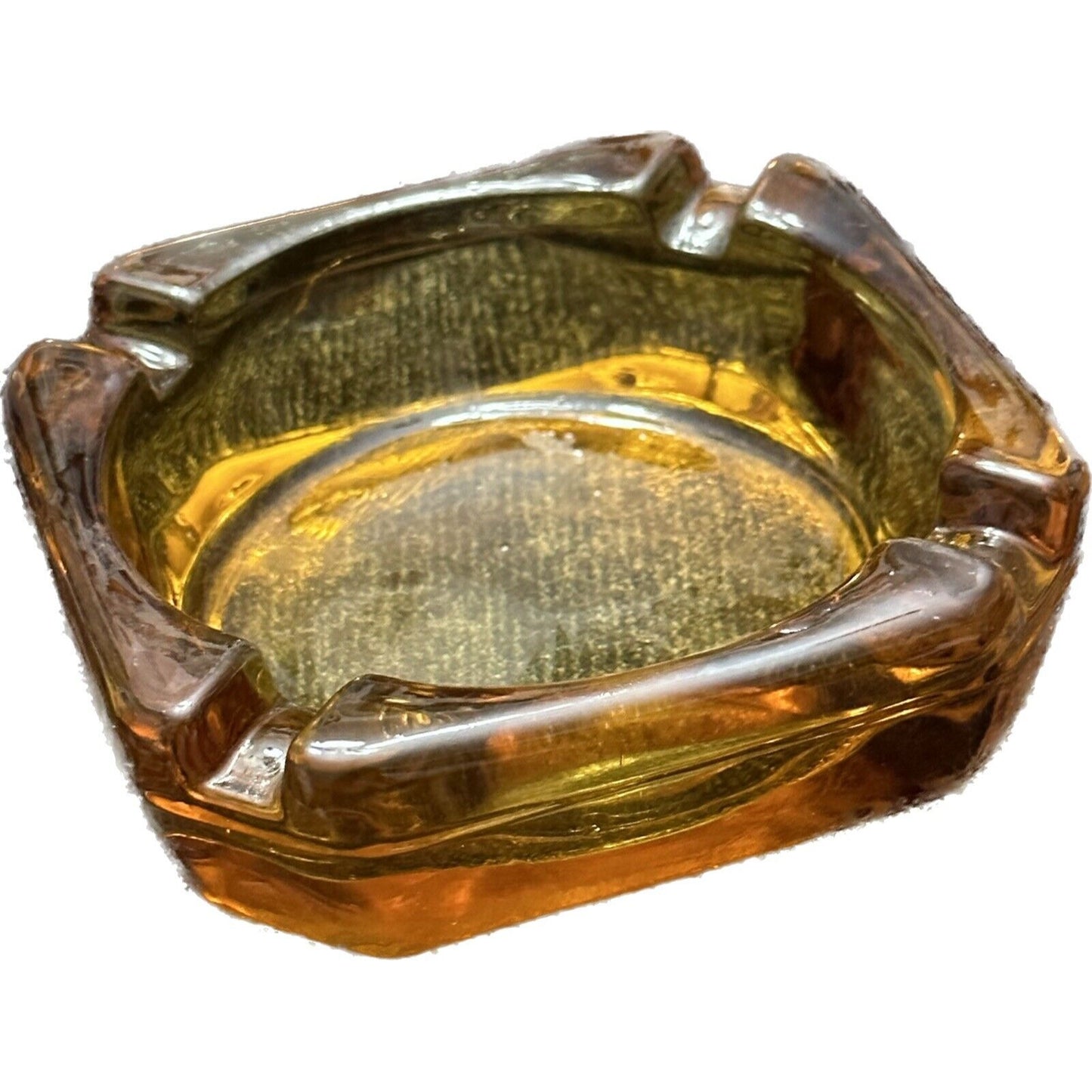 AMBER GLASS 3.5" Square Round ASHTRAY MANCAVE MCM Vintage