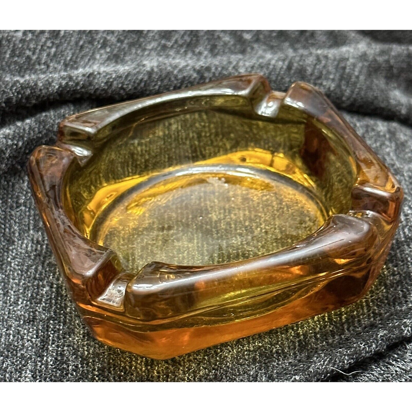 AMBER GLASS 3.5" Square Round ASHTRAY MANCAVE MCM Vintage