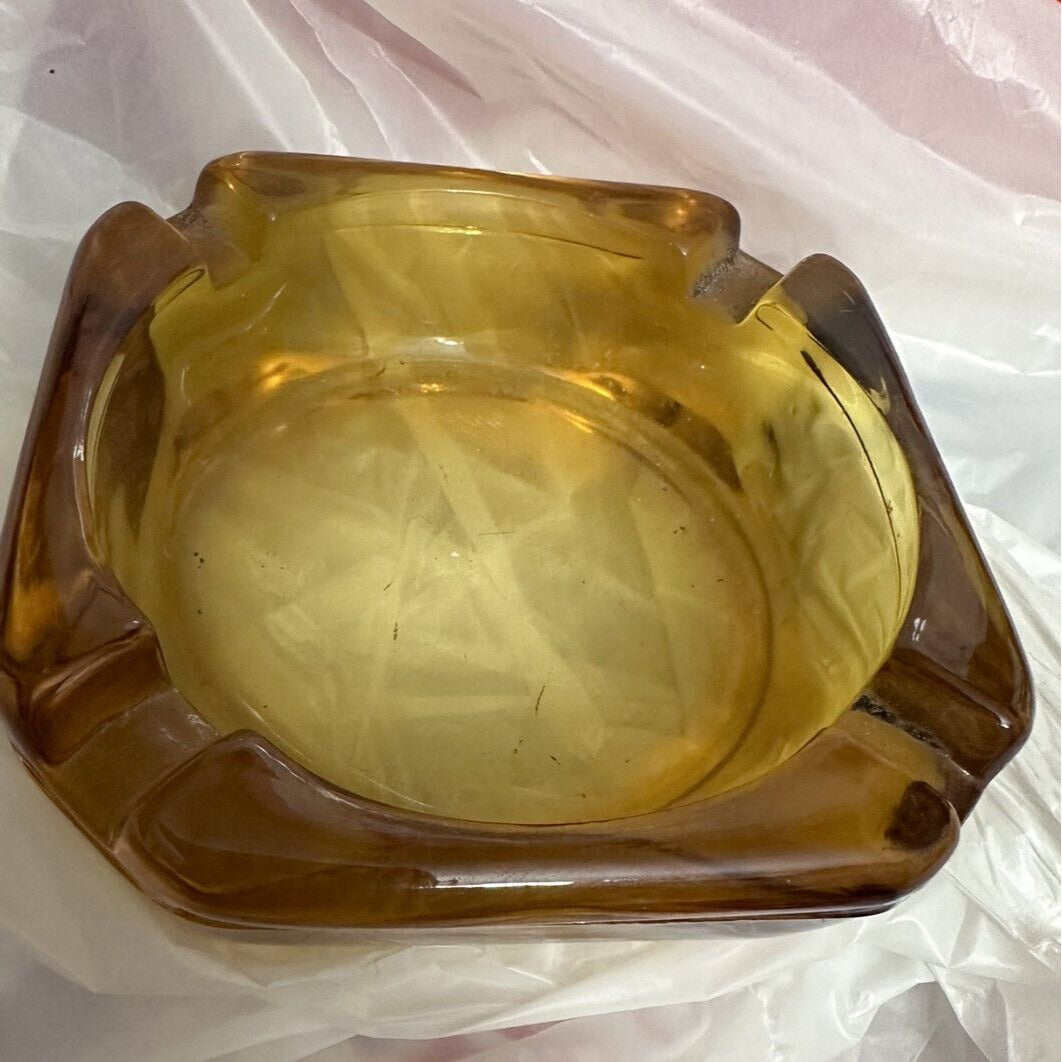 AMBER GLASS 3.5" Square Round ASHTRAY MANCAVE MCM Vintage