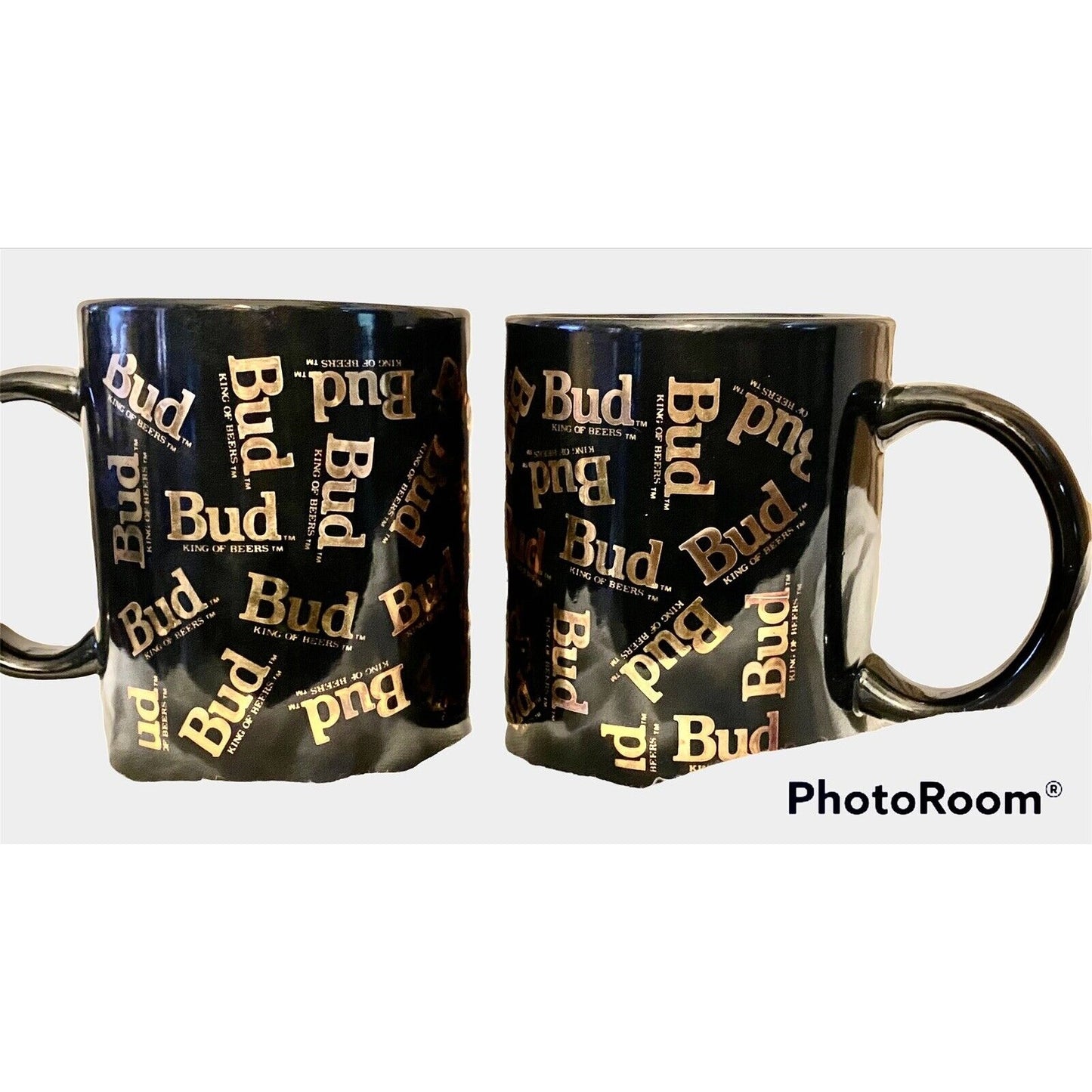 Budweiser Beer Coffee Mug Cup Black Gold All Over Graphic Vintage Set Bud