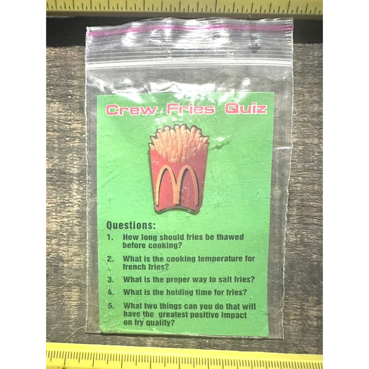 McDonalds Employee Crew Fries Hat Pin Quiz Card Lapel Tac French Fries 1990s