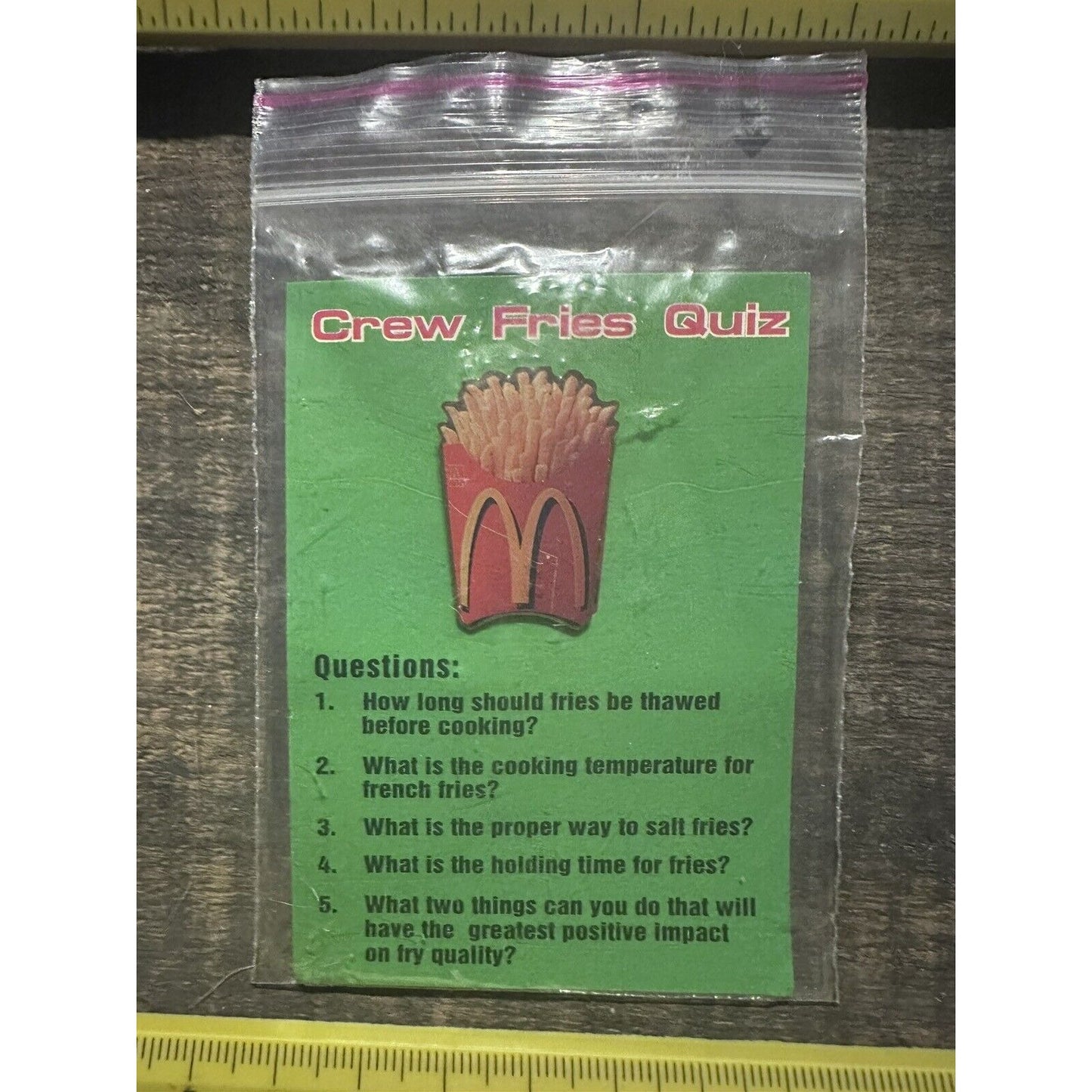 McDonalds Employee Crew Fries Hat Pin Quiz Card Lapel Tac French Fries 1990s