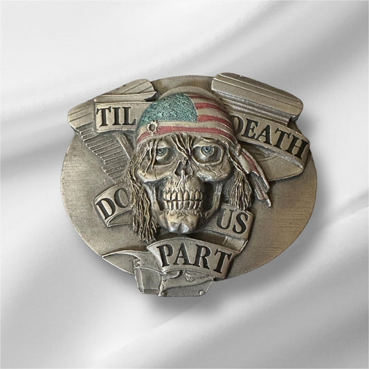 Bergamot 1994 American V-Twin Skull Flag Belt Buckle "Till Death Do Us Part "