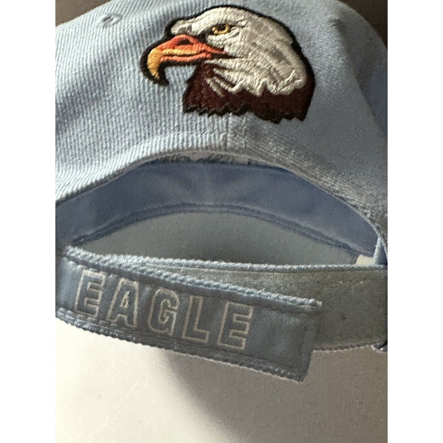 Bald Eagle Thick Embroidered Design Baseball Light Blue Hat Curved Brim