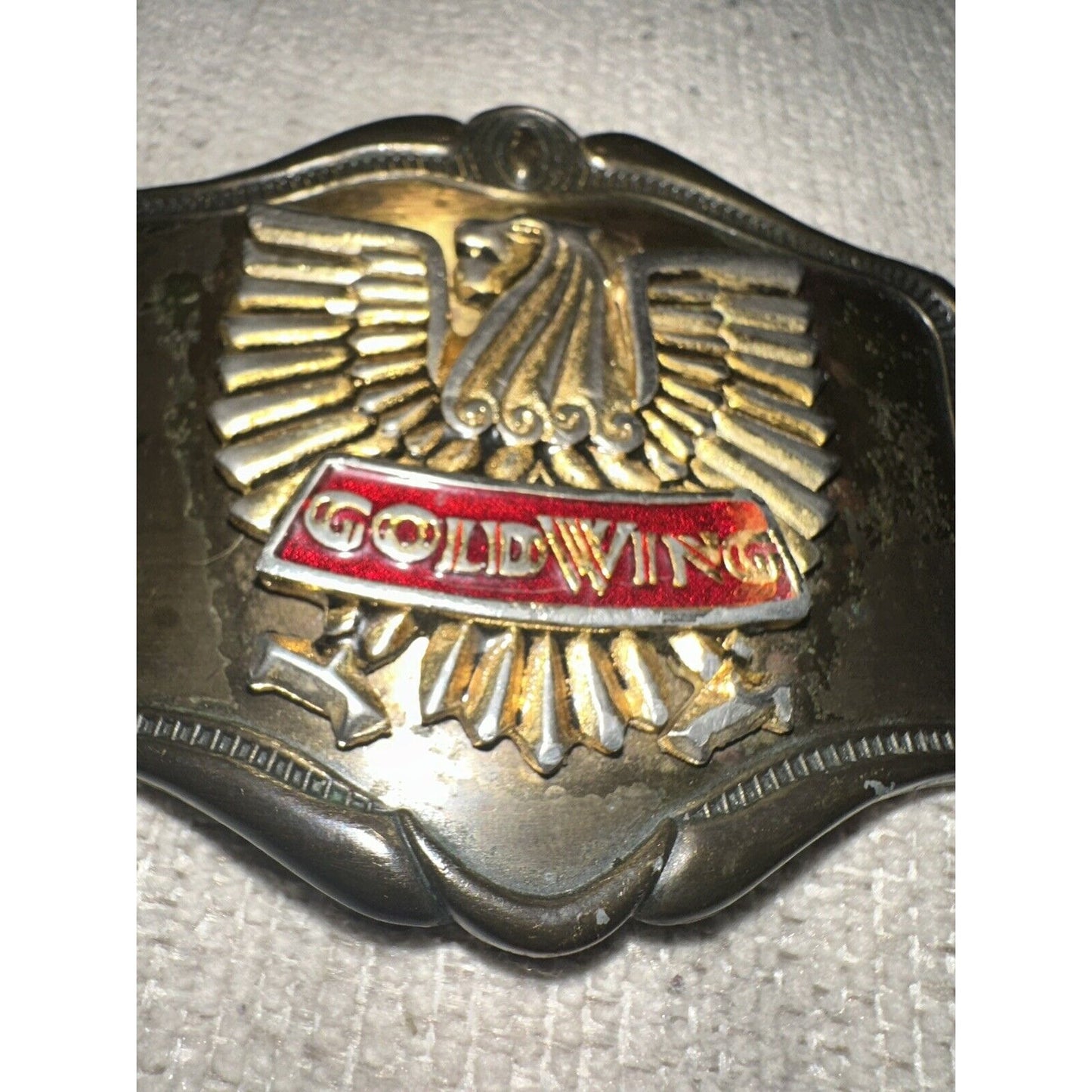 1978 American Honda Motor Corp Goldwing Belt Buckle Gold Eagle Red Logo AHM