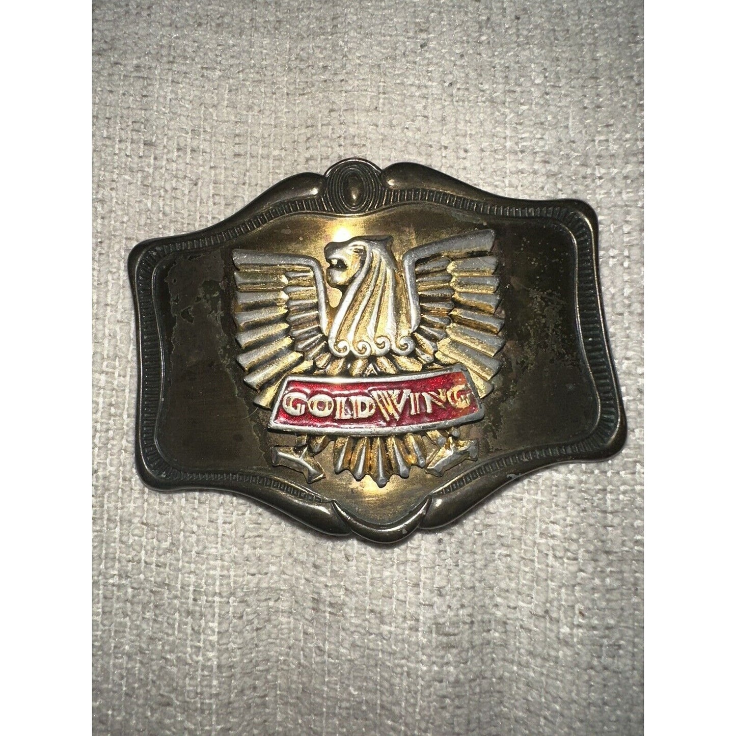 1978 American Honda Motor Corp Goldwing Belt Buckle Gold Eagle Red Logo AHM