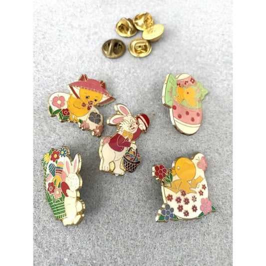 Enamel Easter Pin Lot Bunny Rabbit Basket Egg Chick Basket Lot Of 5