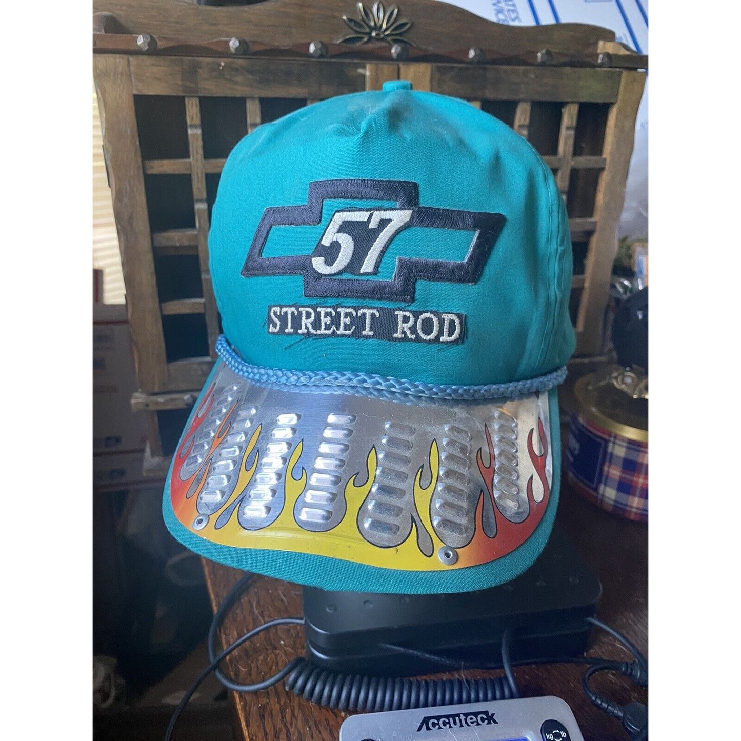 Chevy 57 Street Rod Tin Bill Hat Teal Flames Winner Renaissance International