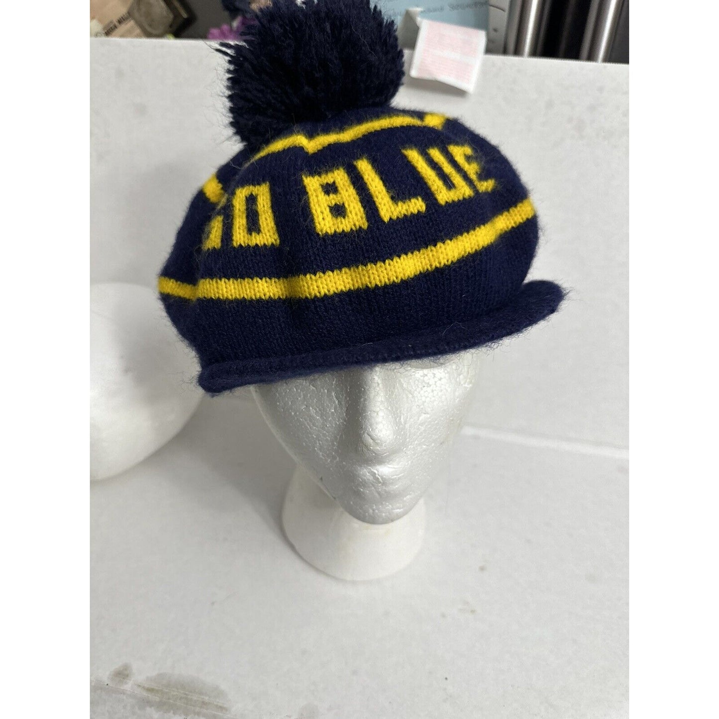 Michigan Wolverines Go Blue Gold Acrylic Pompom Beanie Beret Winter Hat Cap