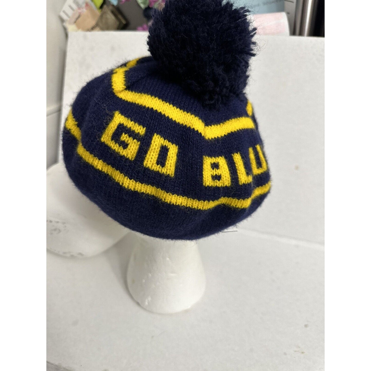 Michigan Wolverines Go Blue Gold Acrylic Pompom Beanie Beret Winter Hat Cap