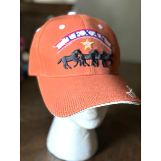 Texas Embroidered Longhorns & Horses Design adjustable cap  orange & cream tags