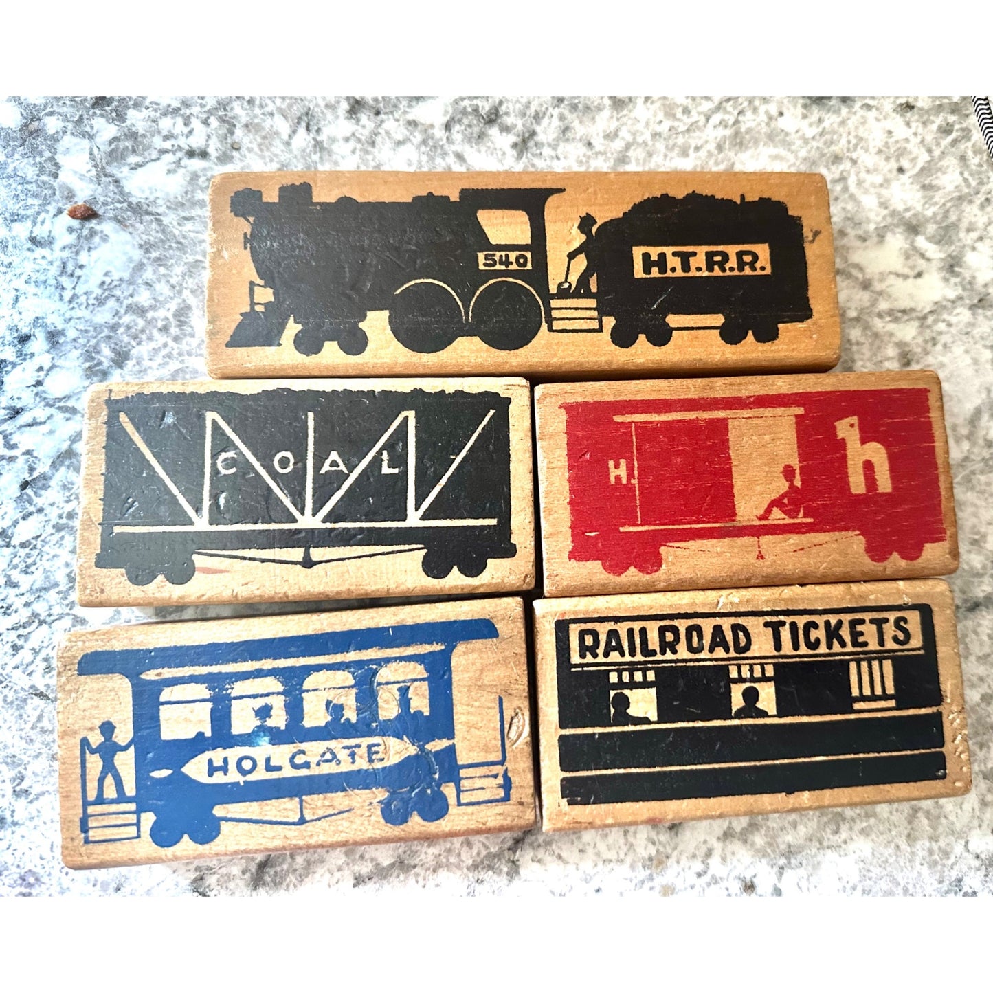 Vintage Wooden Train Blocks Set - Holgate Toys - Railroad Toy - Engine & Cars