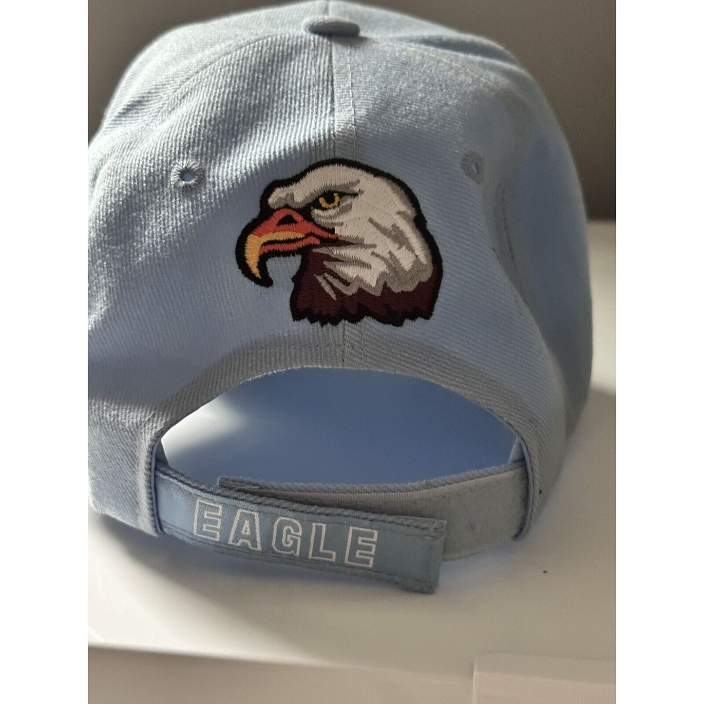 Bald Eagle Thick Embroidered Design Baseball Light Blue Hat Curved Brim