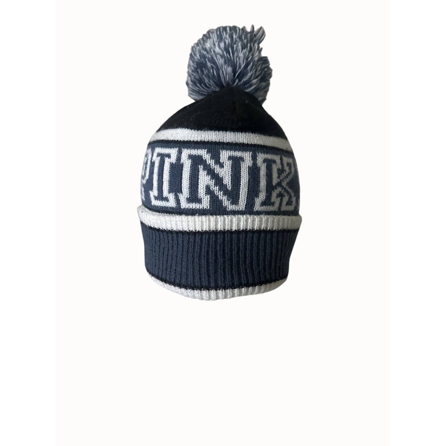 Victorias Secret PINK Nation OS / TU Black & Grey Knit Pom Pom Beanie Hat