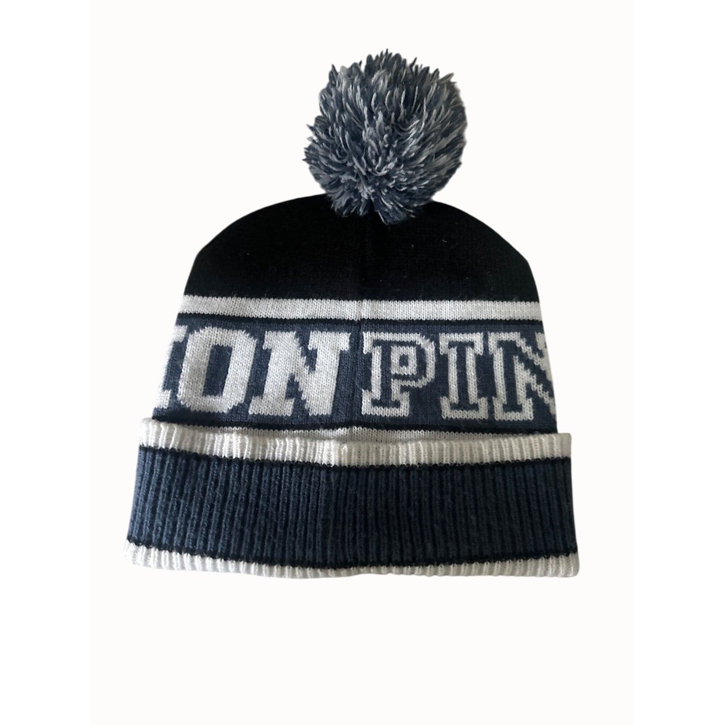 Victorias Secret PINK Nation OS / TU Black & Grey Knit Pom Pom Beanie Hat