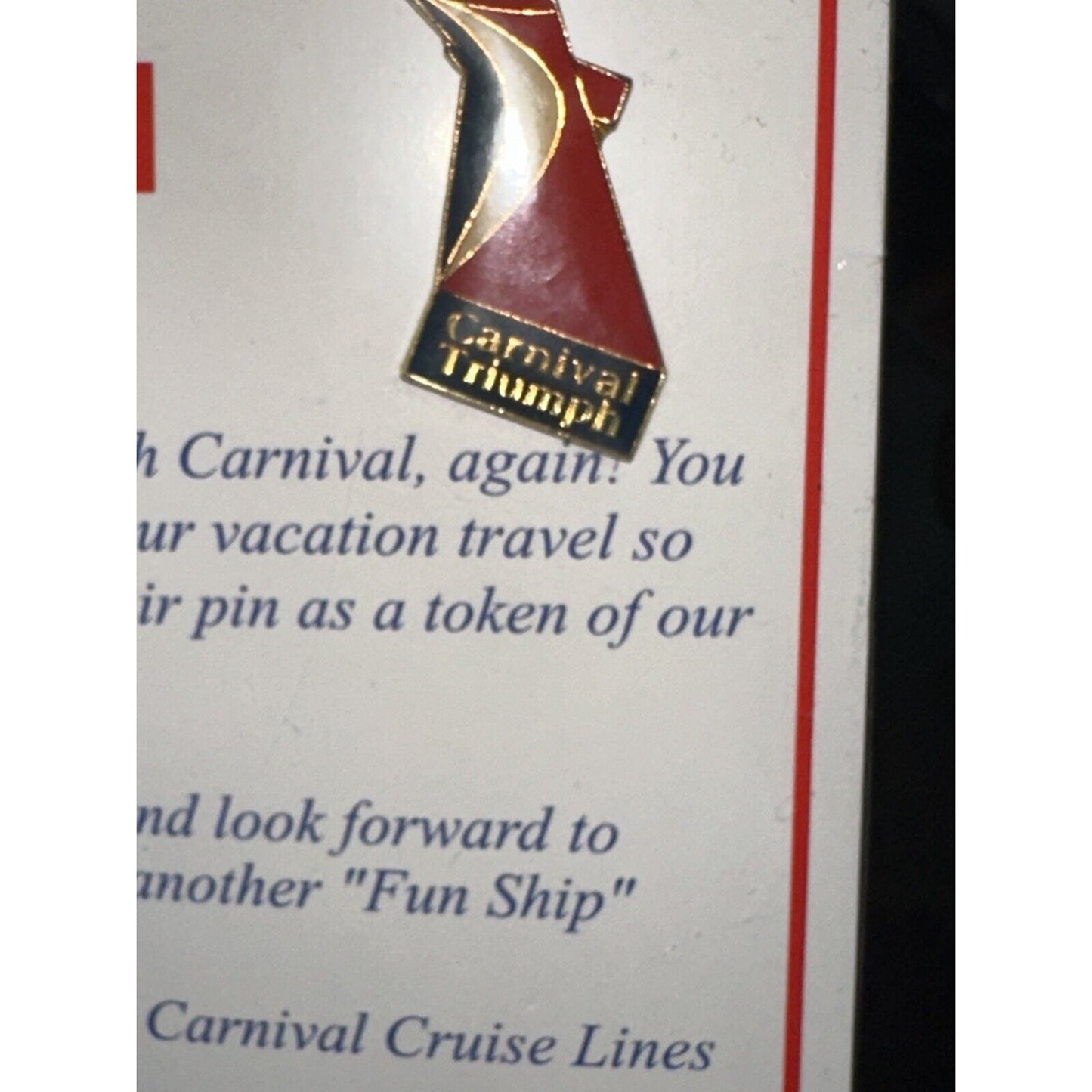 CARNIVAL TRIUMPH Funnel SMOKESTACK Tail Fin 2001 Carnival Cruise Lines PIN NIP