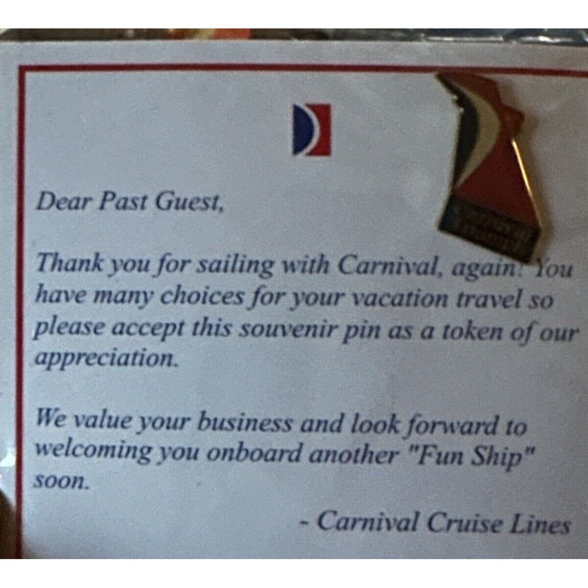 CARNIVAL TRIUMPH Funnel SMOKESTACK Tail Fin 2001 Carnival Cruise Lines PIN NIP