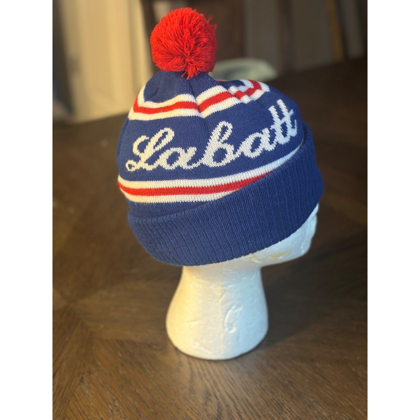 Labatt Blue Beanie With Pom Pom Red White Stripes Warm Acrylic Hat