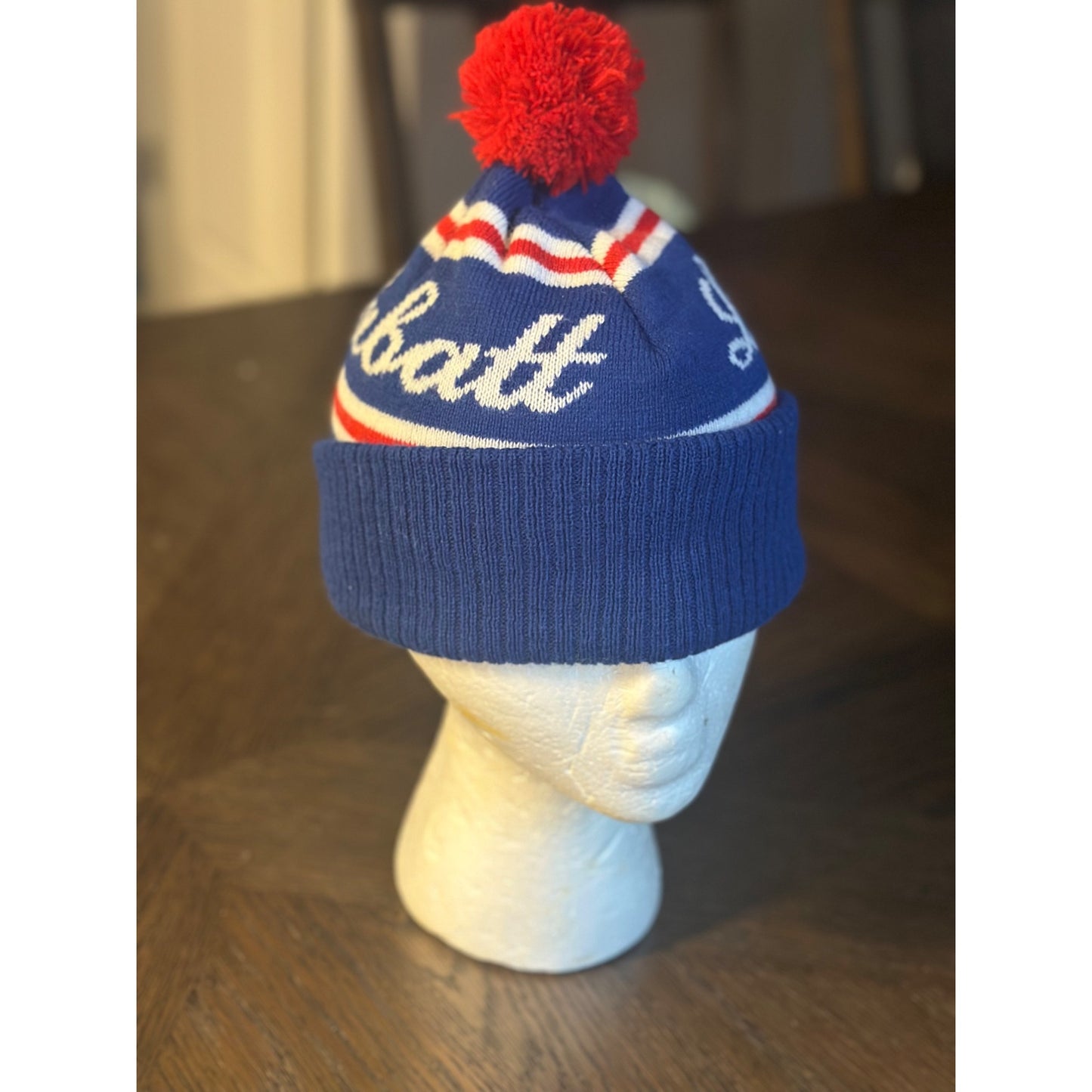 Labatt Blue Beanie With Pom Pom Red White Stripes Warm Acrylic Hat