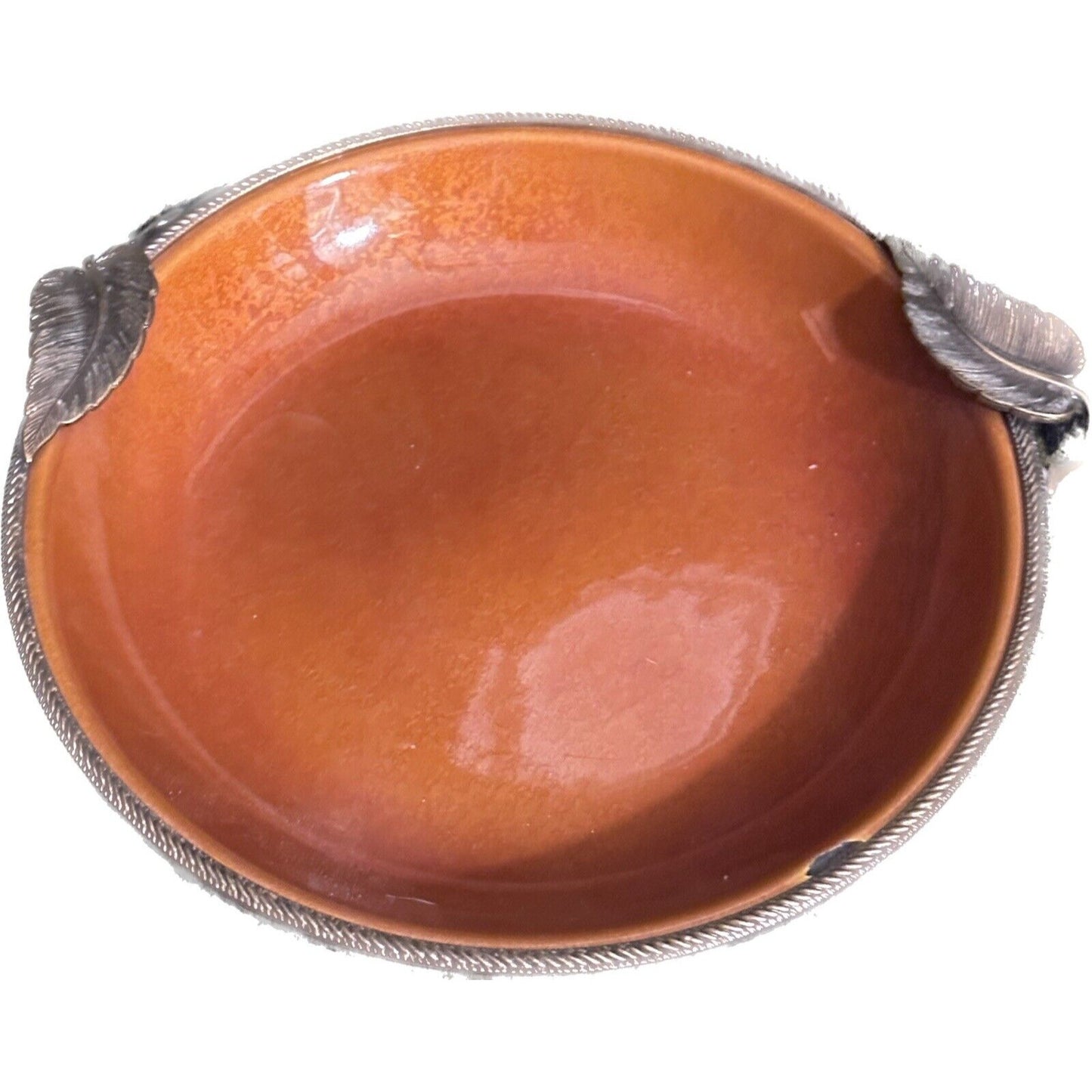 Evans Elegance,  Orange Enamel Brass Trimmed Ashtray with Brass Leaf Accents