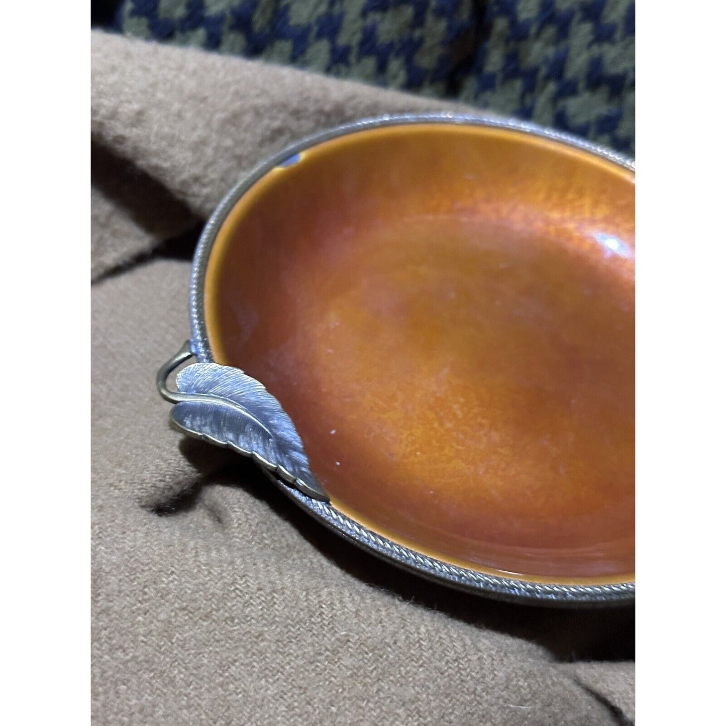 Evans Elegance,  Orange Enamel Brass Trimmed Ashtray with Brass Leaf Accents