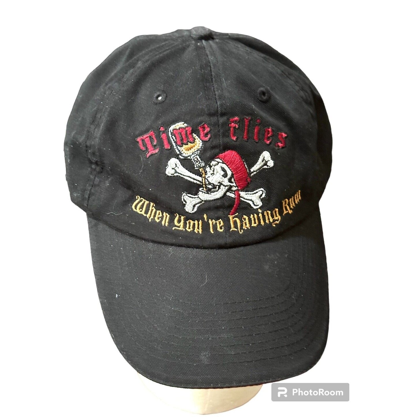 TIME FLIES WHEN YOURE HAVING RUM Skull Crossbones Embroidery Black Cotton Cap