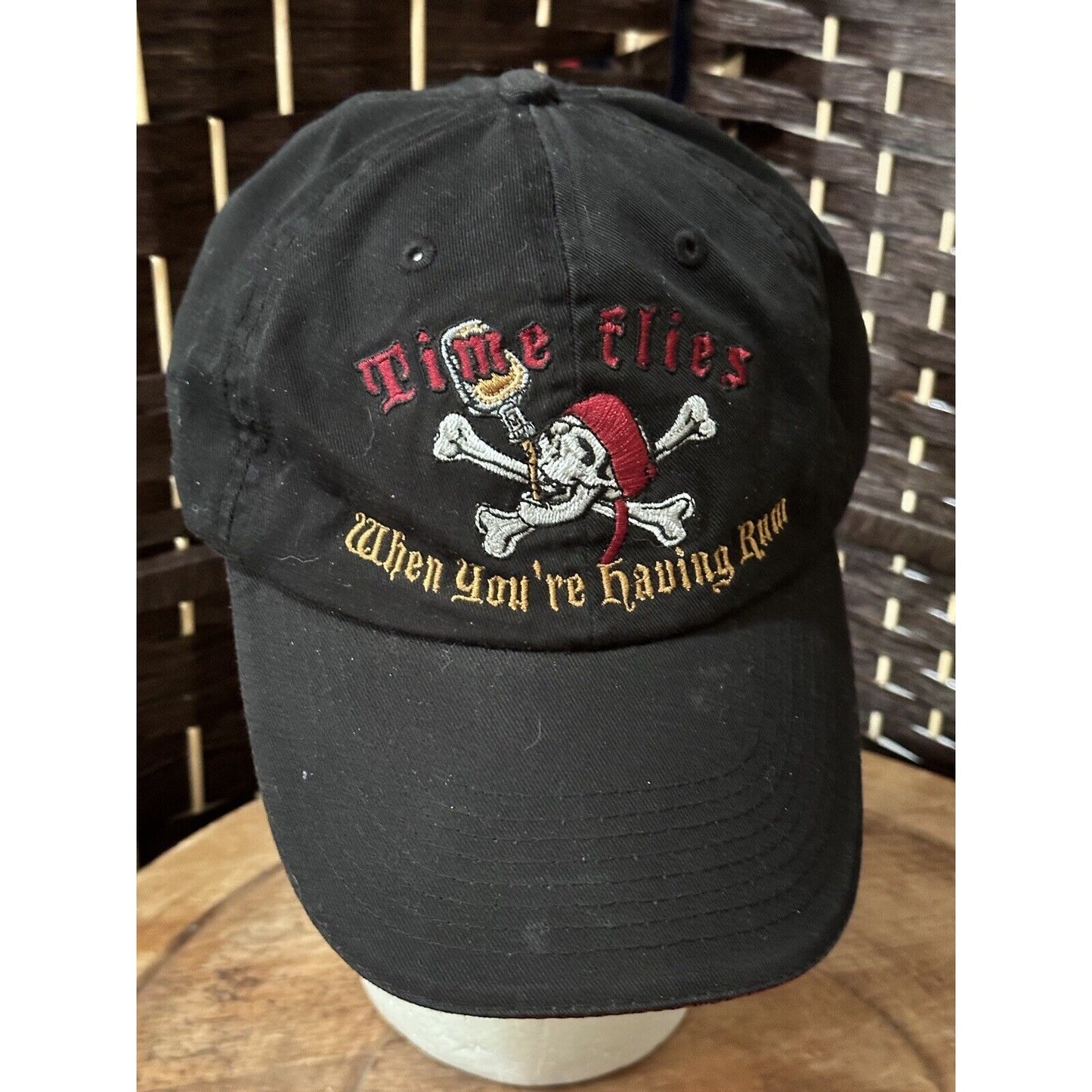 TIME FLIES WHEN YOURE HAVING RUM Skull Crossbones Embroidery Black Cotton Cap