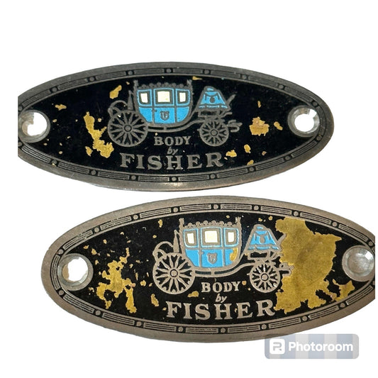 Body By Fisher Car Emblems Oval Metal Plates Classic Auto Accessories Set Of 2