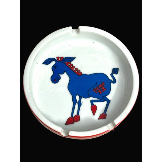 Democratic Party 1972 ceramic Ashtray With Blue Donkey red white blue political vintage