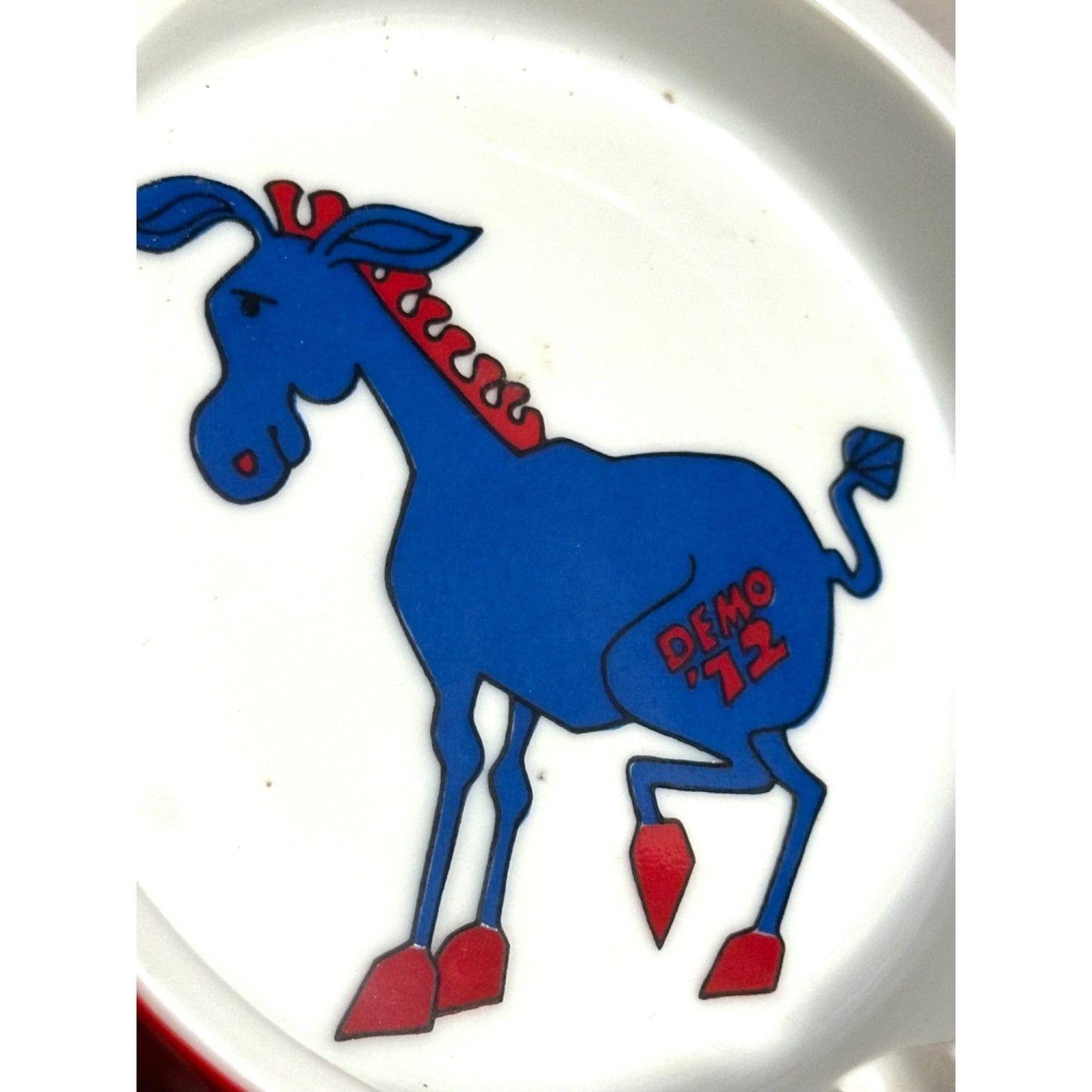 Democratic Party 1972 ceramic Ashtray With Blue Donkey red white blue political vintage