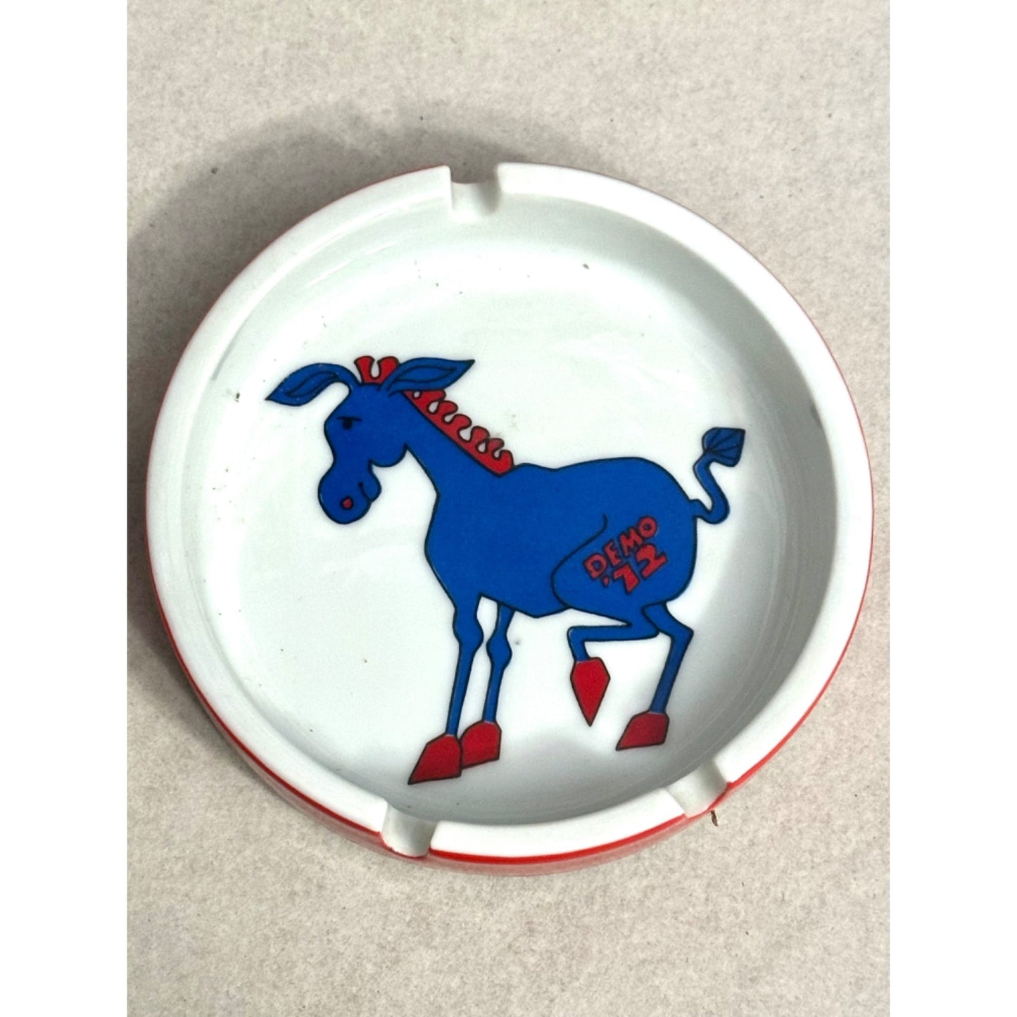 Democratic Party 1972 ceramic Ashtray With Blue Donkey red white blue political vintage