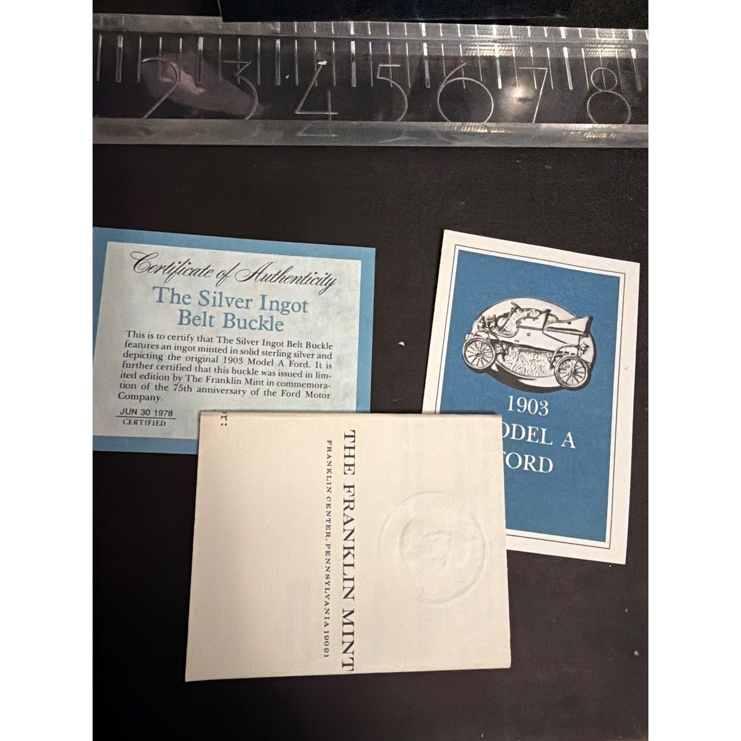 Ford Motor Co 75th Anniversary Buckle Franklin 1978 sterling silver Box COA