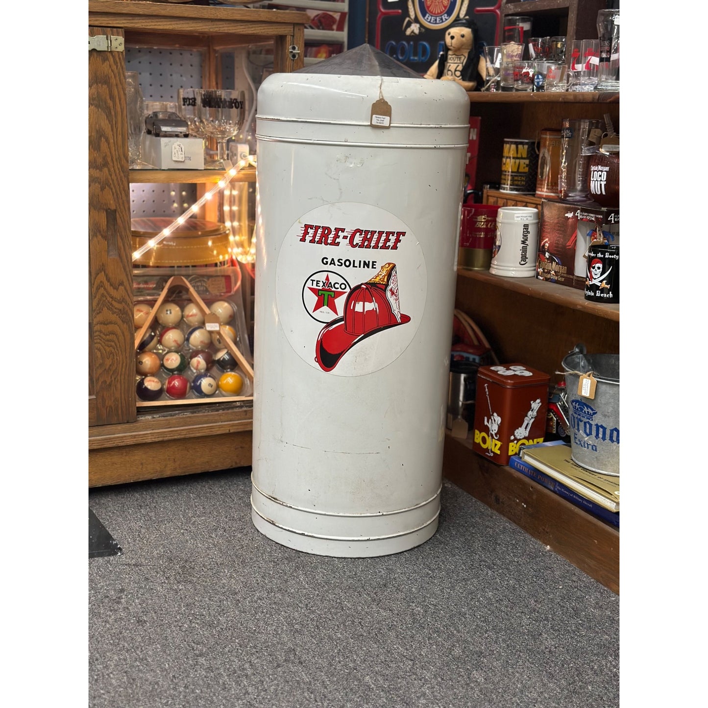 Texaco Fire-Chief Gasoline Trash Can With Firefighter Helmet Design - Retro Decor