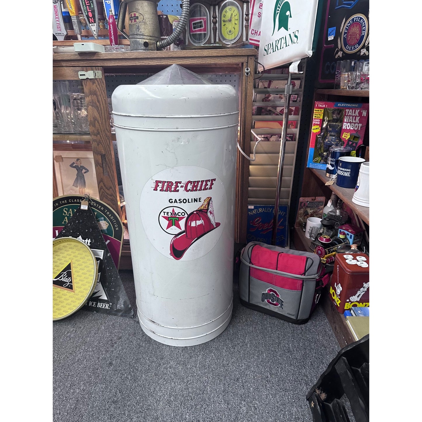 Texaco Fire-Chief Gasoline Trash Can With Firefighter Helmet Design - Retro Decor