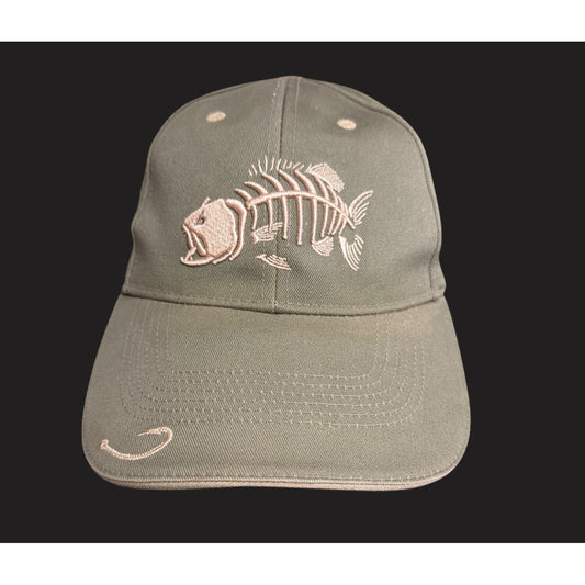 Reel Legends Olive Green  Baseball Cap Embroidered Fish Skeleton Design