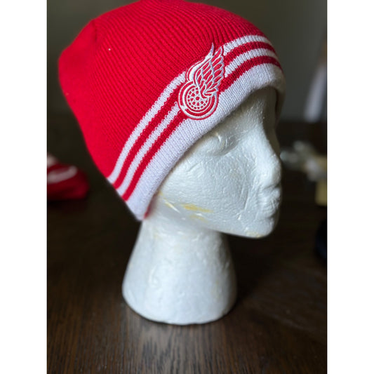 Detroit Red Wings Knit Beanie Hat Red & White Stripes Logo Embroidery Adult Size