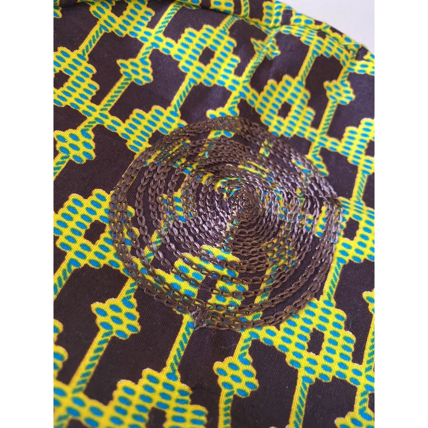 Kente Print Hat Hippie Boho African Traditional Kufi Cap Green Brown Yellow