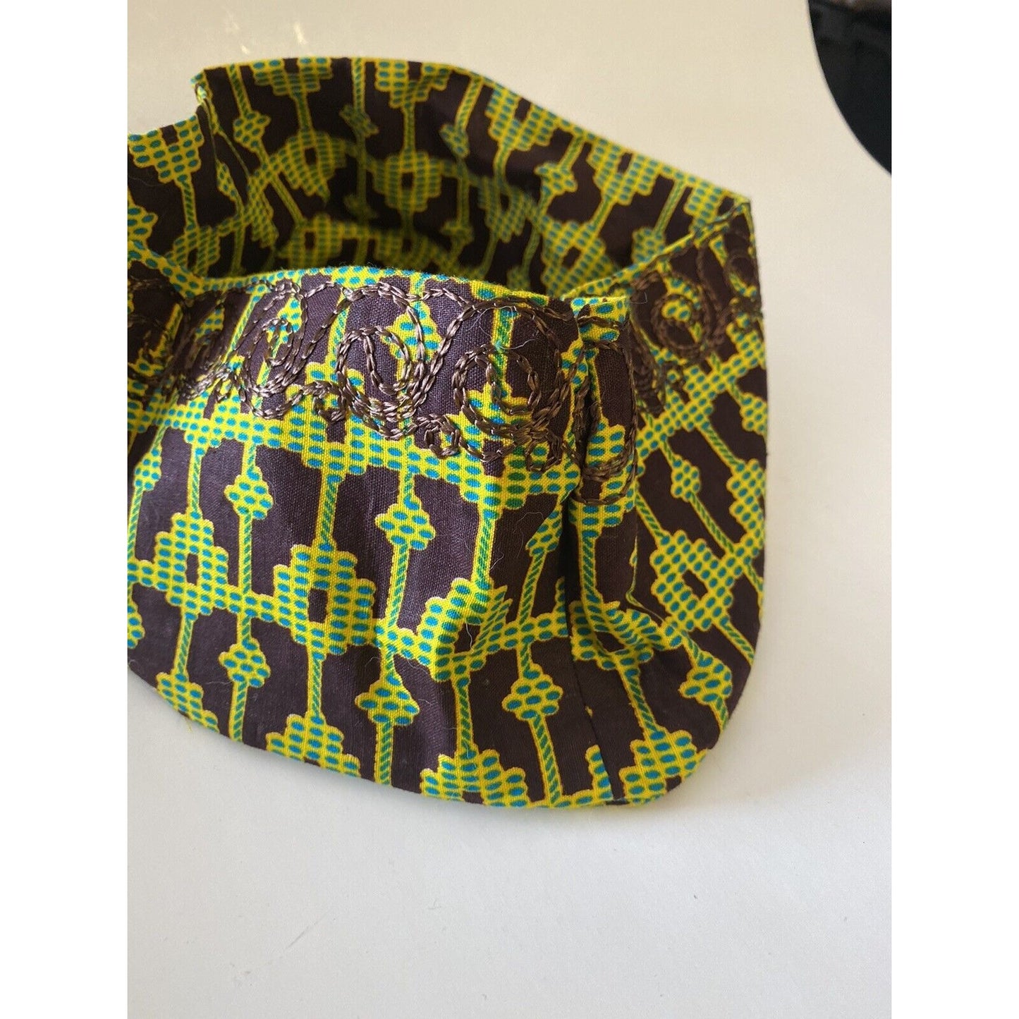 Kente Print Hat Hippie Boho African Traditional Kufi Cap Green Brown Yellow