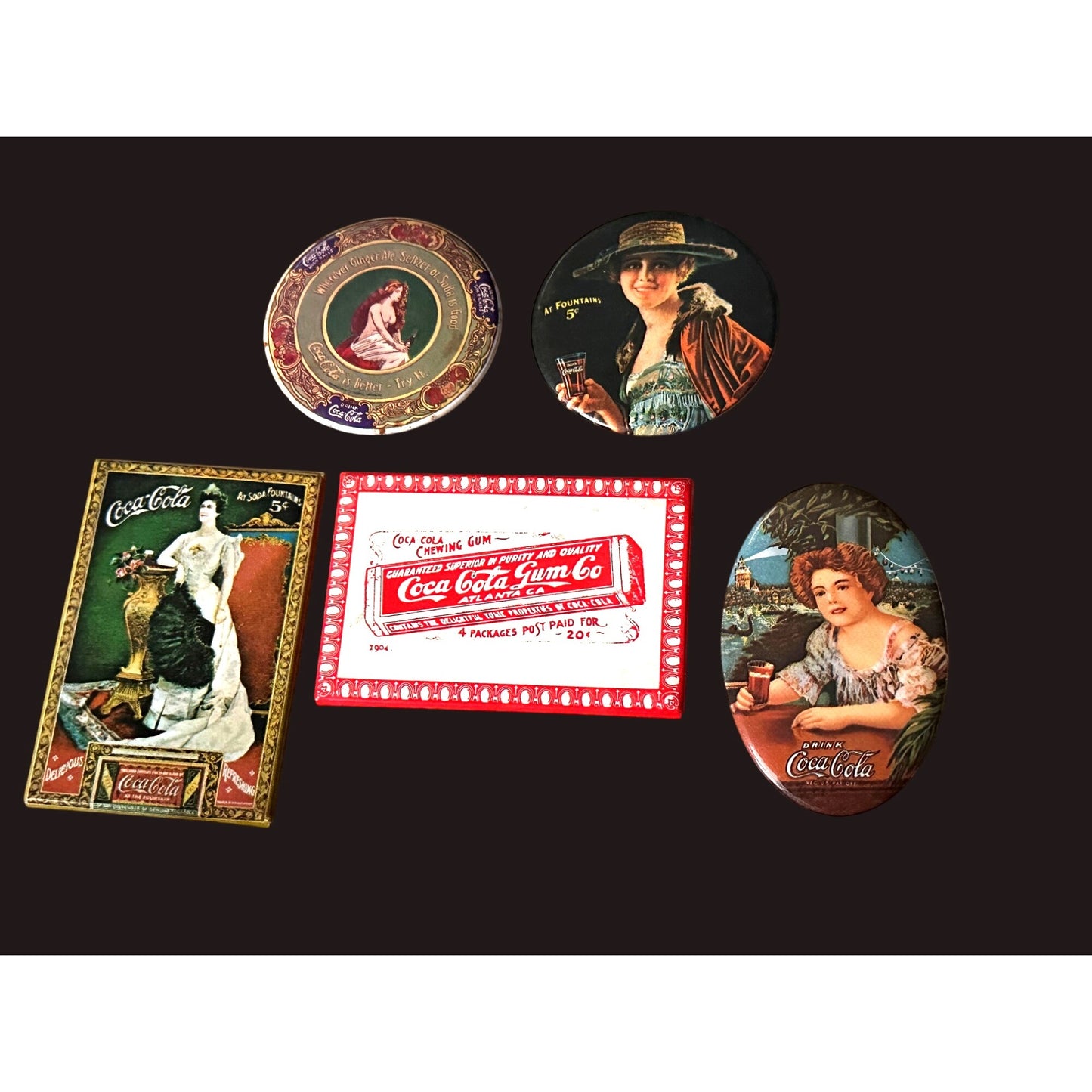 Coca-Cola Pocket Mirrors Set Of 5  Iconic 1970’s Artwork & Chewing Gum Ad